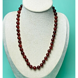 Vintage 17" Hand Knotted Polished Dark Brown Red Carnelian Beaded Necklace Clasp